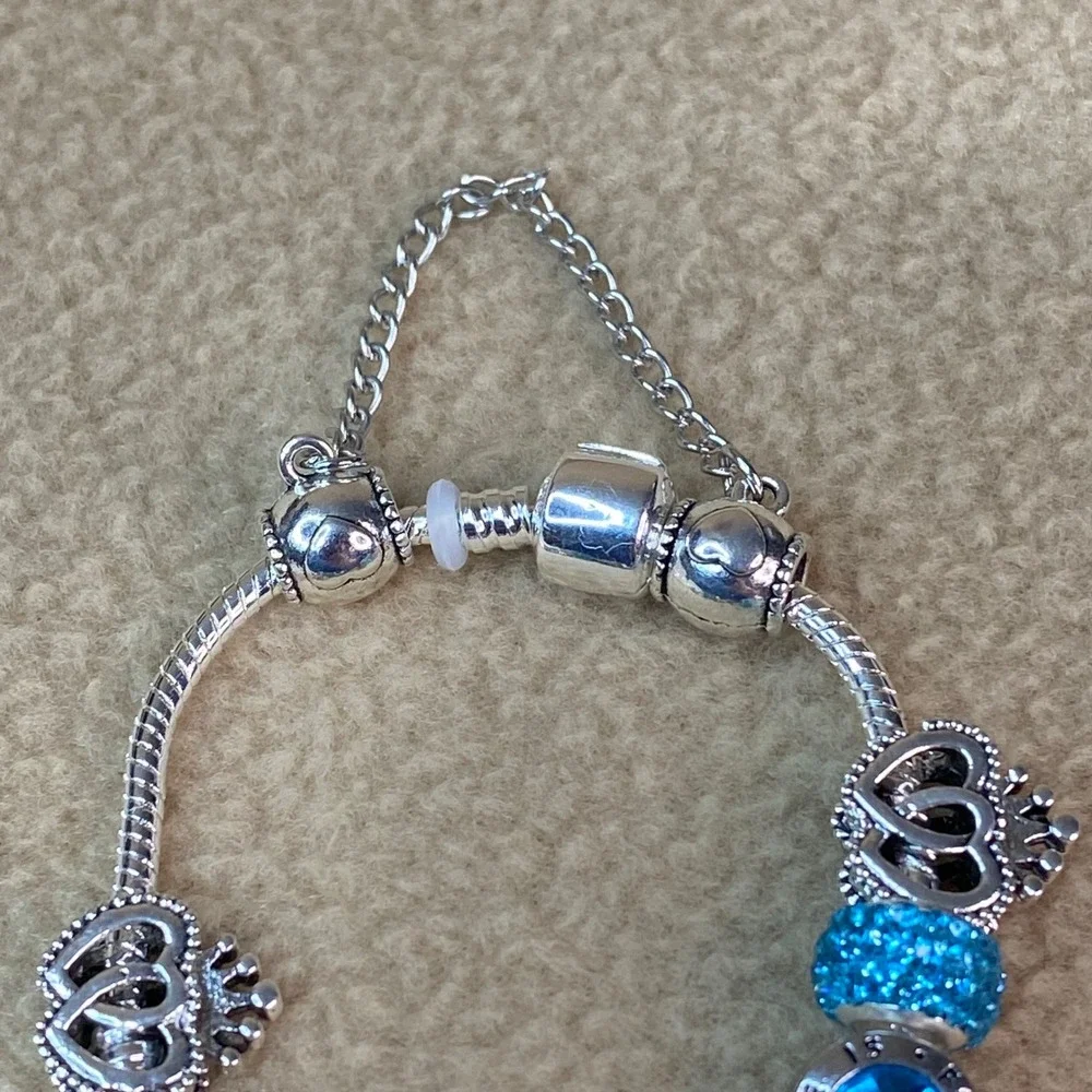 Charm Bracelet Women Blue Heart Flower Crystal Love Forever Snake Chain 7in EUC‎